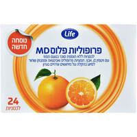 פרופוליות פלוס אם די לסיוע בהקלה על מיחושים וגירויים בגרון בטעם תפוז לייף 24 לכסניות