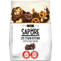 אשכולות קשיו ובייגלה מצופים שוקולד חלב סאפורה 150 גרם