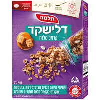 דלישקד פתיתי שישה דגנים מצופים דבש בתוספת שקדים בקרמל מלוח ושקדים פרוסים תלמה 400 גרם