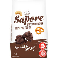 אשכולות שברי קשיו ובייגלה מצופים שוקולד חלב סאפורה 150 גרם
